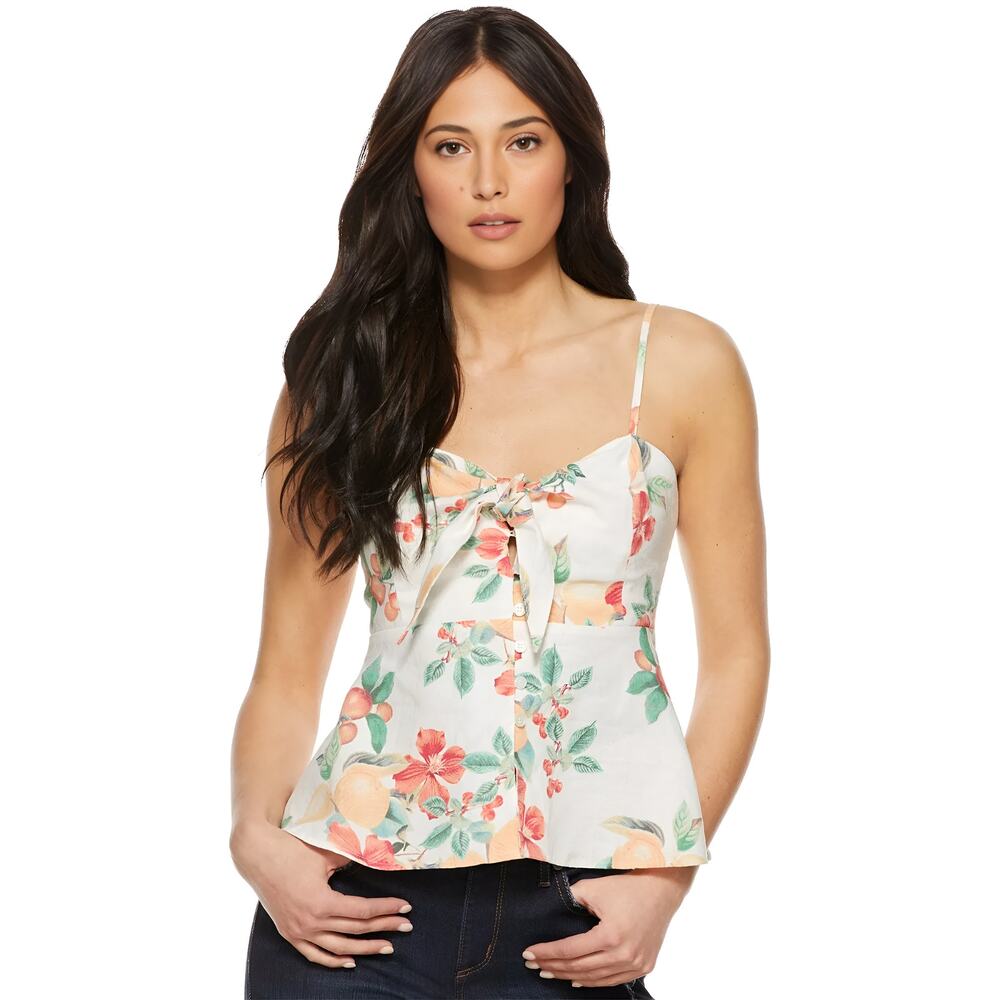 Sofia Jeans by Sofia Vergara Linen Blend Knot‎ Front Floral Peplum Tank Cami Top